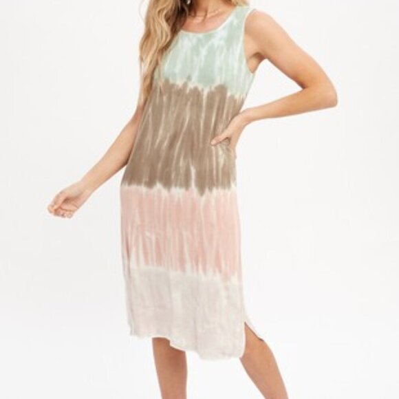 MYSTREE Sleeveless Tie Dye Maxi Dress – Boho Summer Tank Dress in Green Brown Pi - Picture 1 of 8